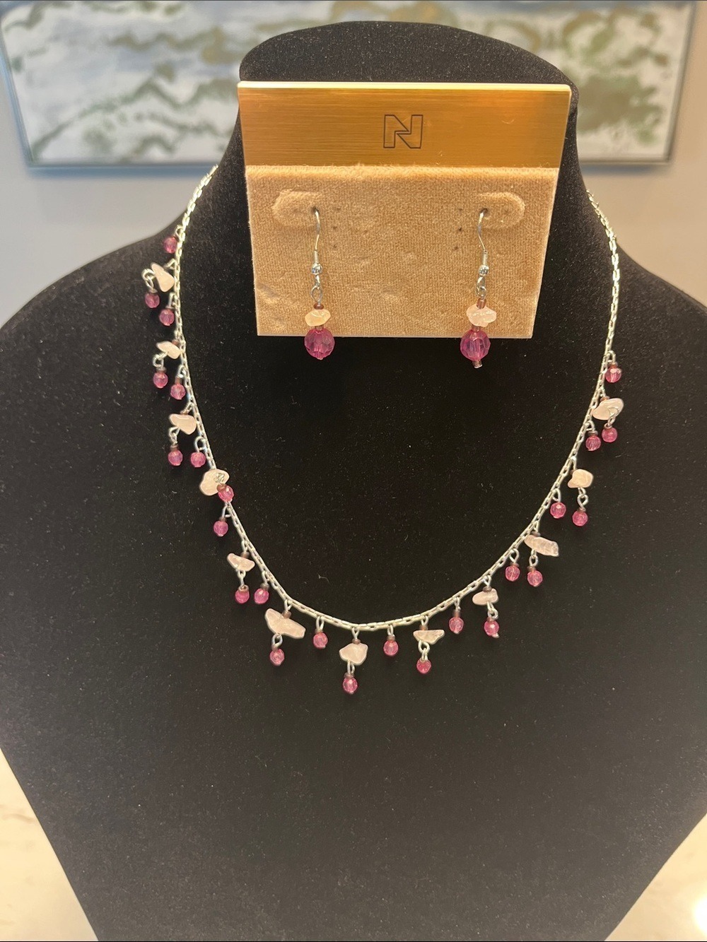 Silver Necklace and Earring Set with Pink Bead Drops